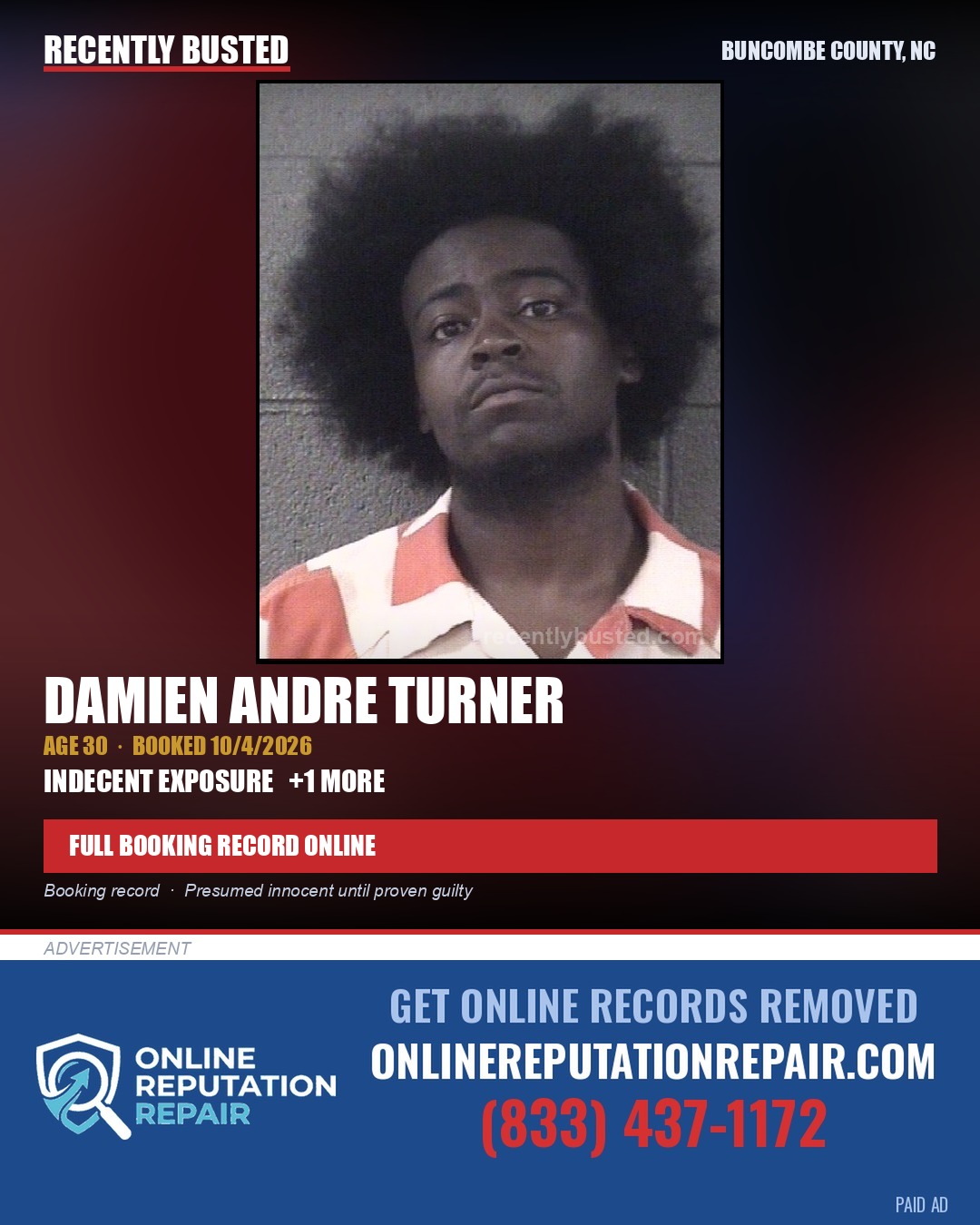 DAMIEN ANDRE TURNER — arrest record card, Buncombe County, North Carolina