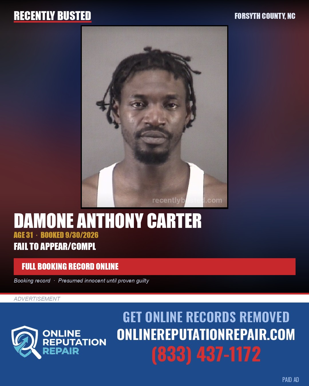 DAMONE ANTHONY CARTER — arrest record card, Forsyth County, North Carolina