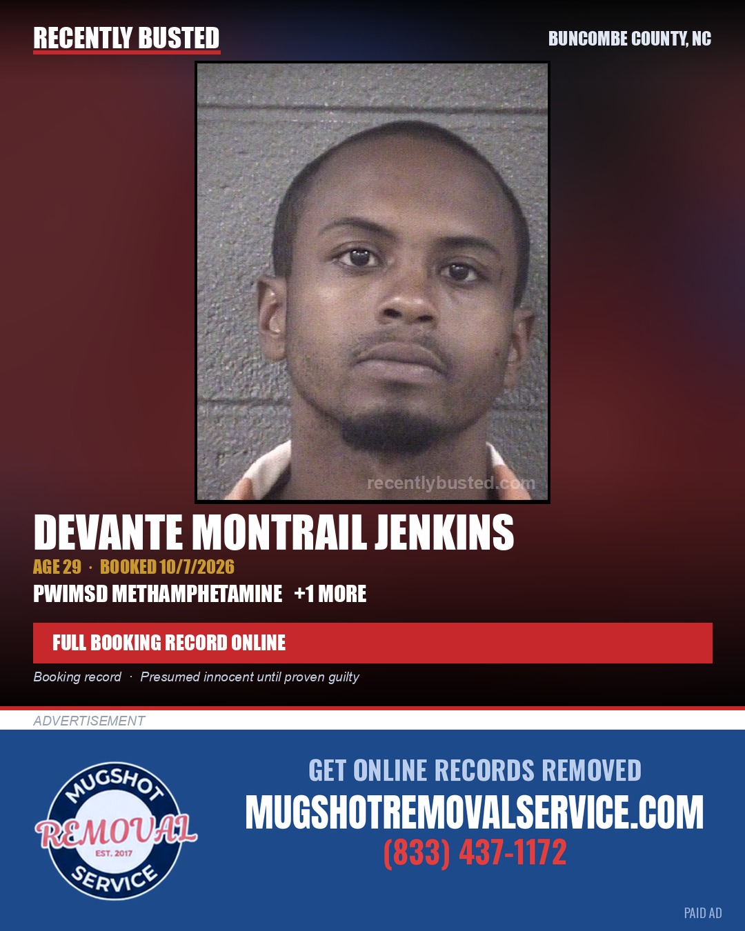 DEVANTE MONTRAIL JENKINS — arrest record card, Buncombe County, North Carolina