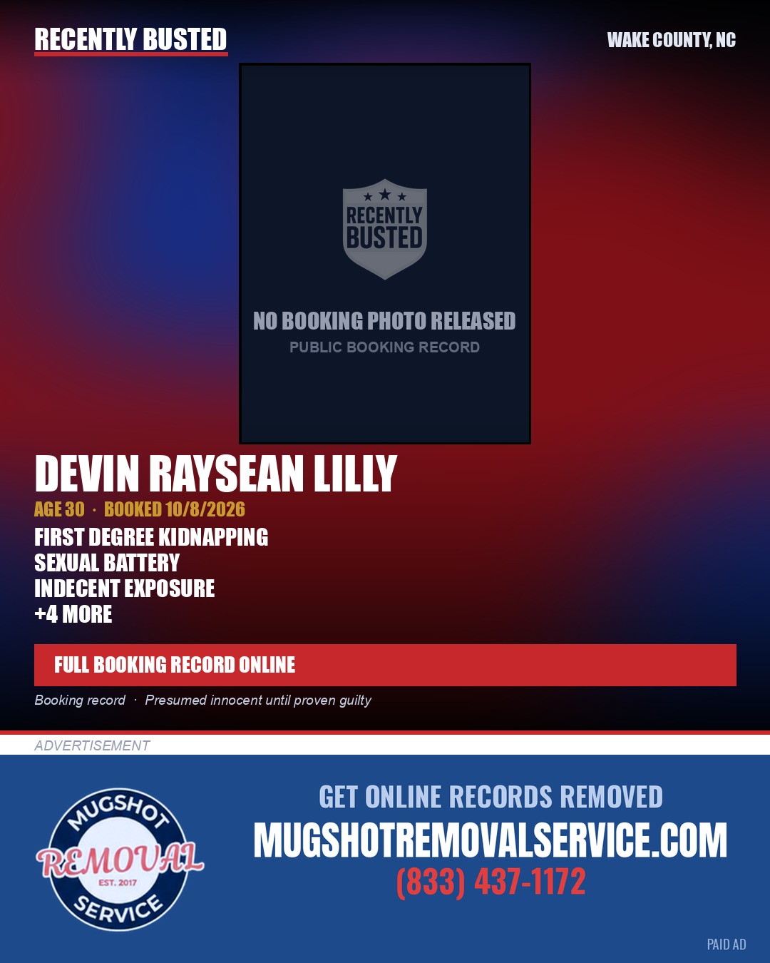 DEVIN RAYSEAN LILLY — arrest record card, Wake County, North Carolina