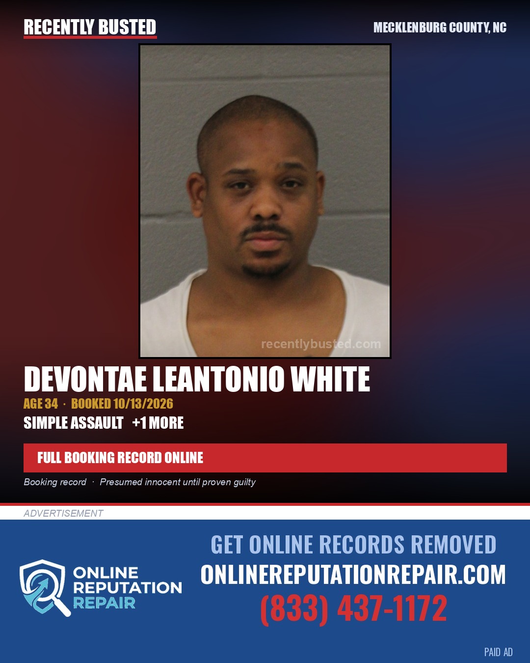 DEVONTAE LEANTONIO WHITE — arrest record card, Mecklenburg County, North Carolina
