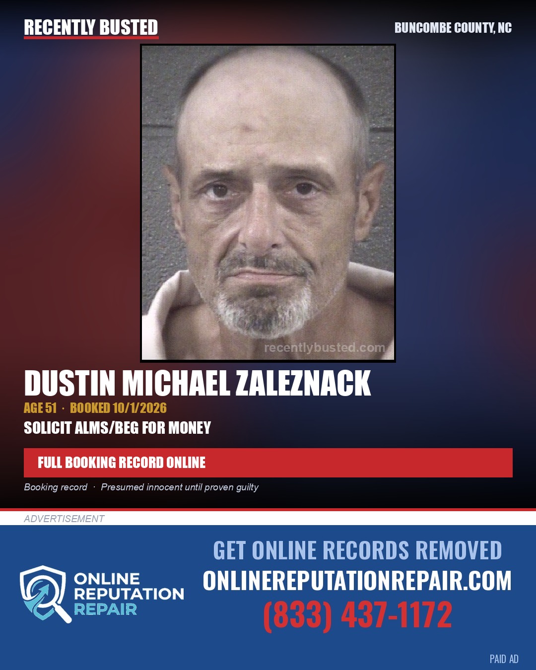 DUSTIN MICHAEL ZALEZNACK — arrest record card, Buncombe County, North Carolina