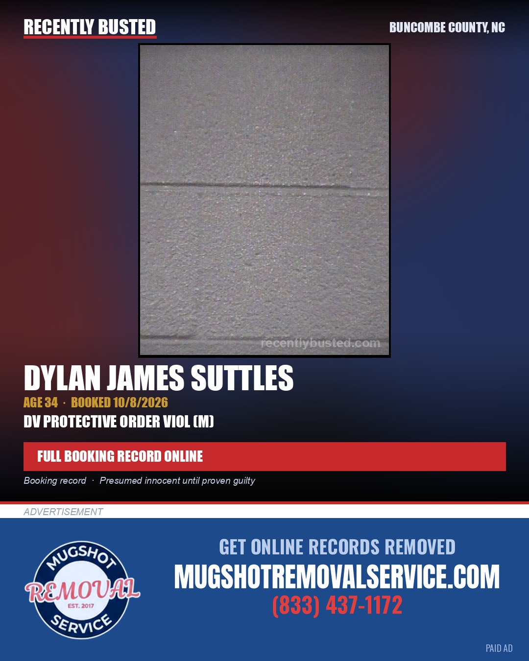 DYLAN JAMES SUTTLES — arrest record card, Buncombe County, North Carolina