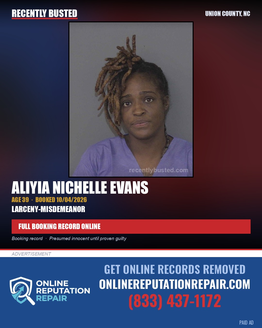 EVANS, ALIYIA NICHELLE — arrest record card, Union County, North Carolina