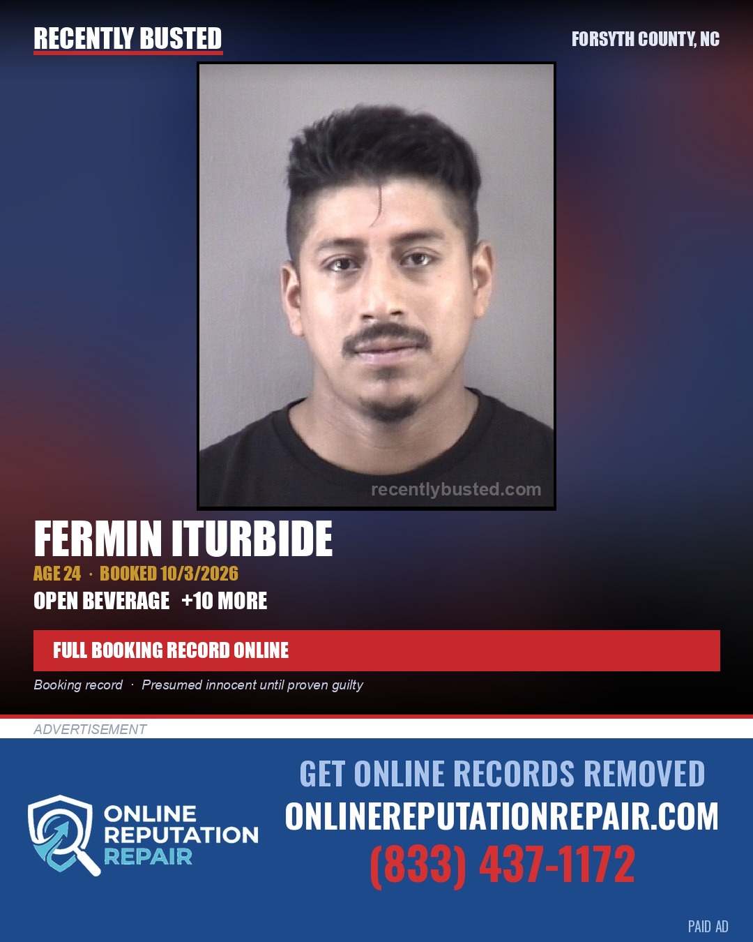 FERMIN ITURBIDE — arrest record card, Forsyth County, North Carolina