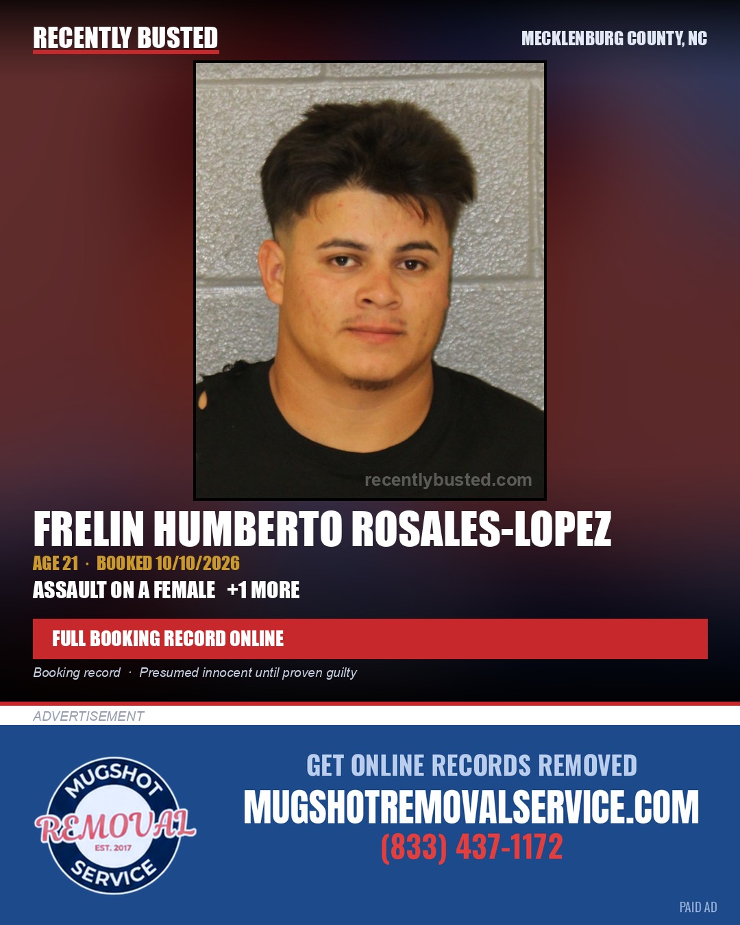 FRELIN HUMBERTO ROSALES-LOPEZ — arrest record card, Mecklenburg County, North Carolina