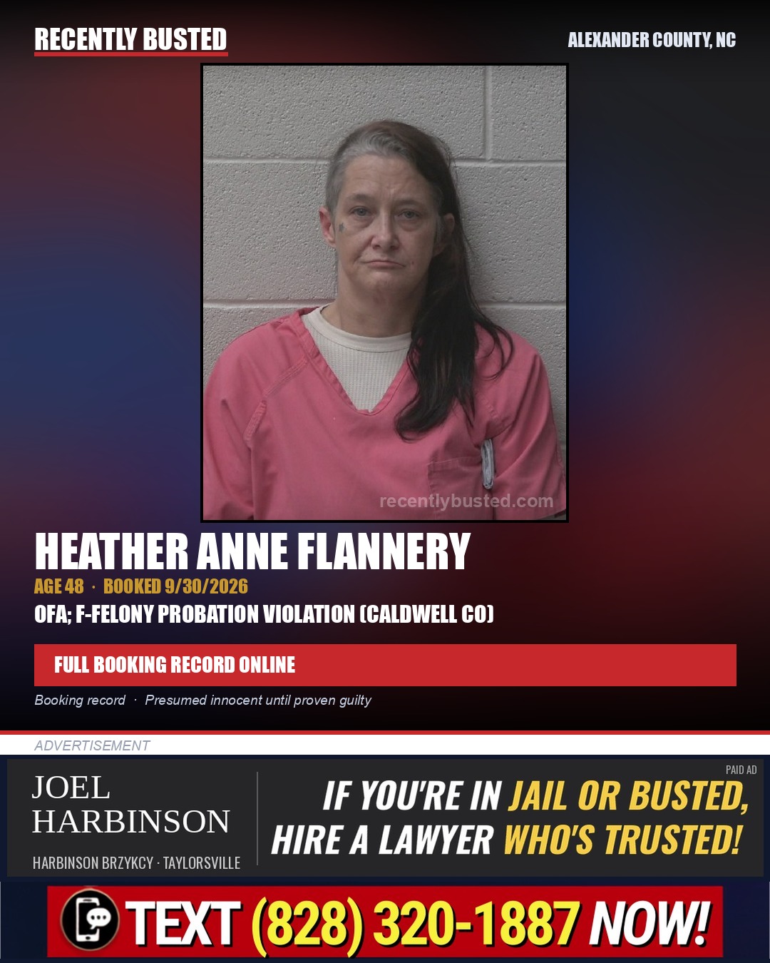 HEATHER ANNE FLANNERY — arrest record card, Alexander County, North Carolina