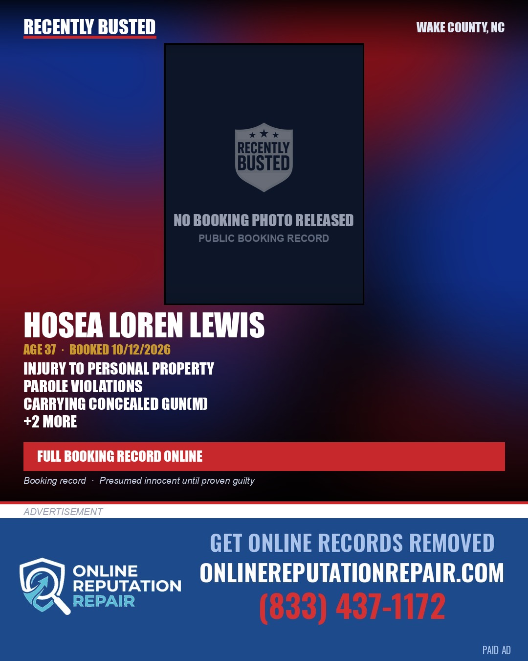 HOSEA LOREN LEWIS — arrest record card, Wake County, North Carolina