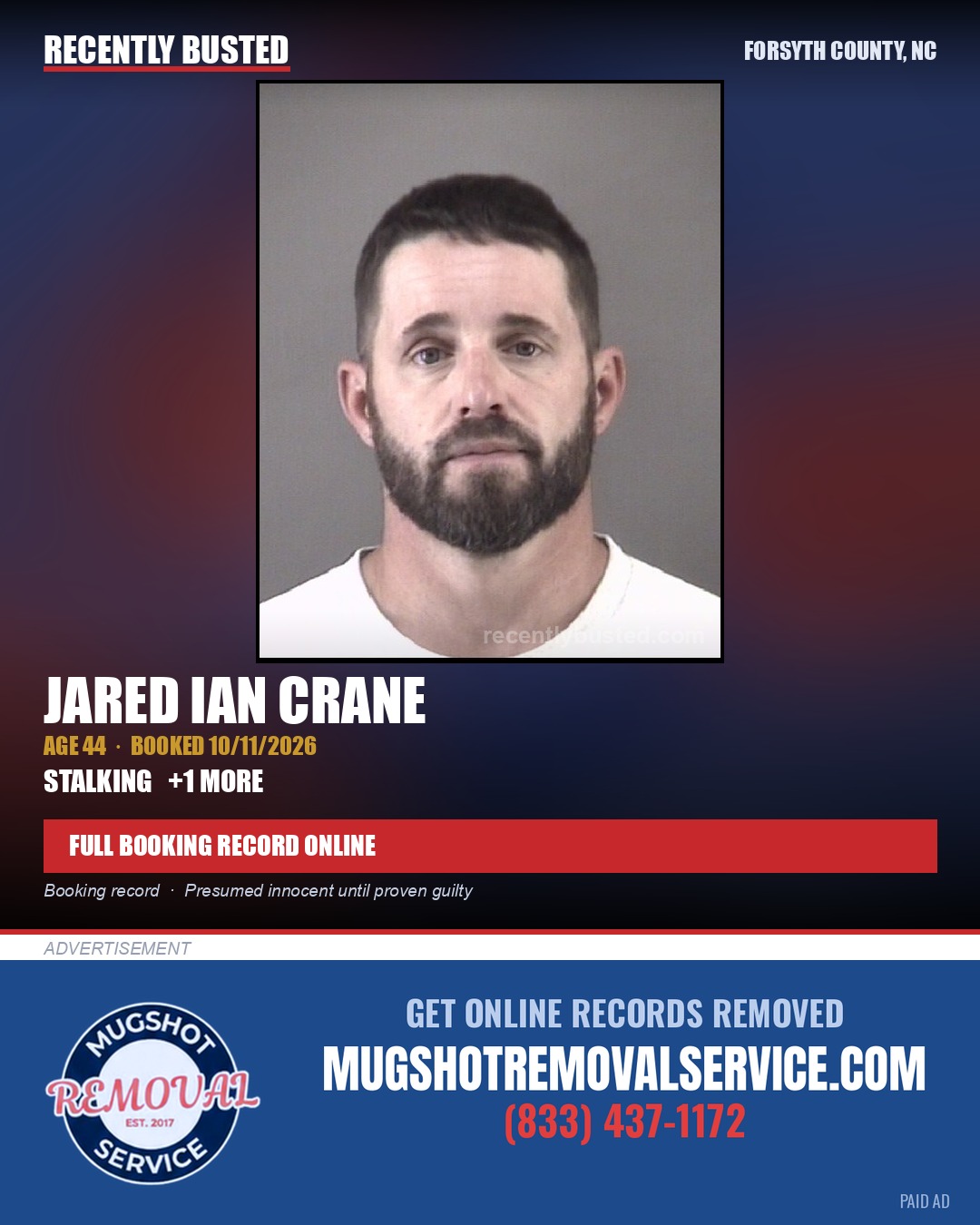JARED IAN CRANE — arrest record card, Forsyth County, North Carolina