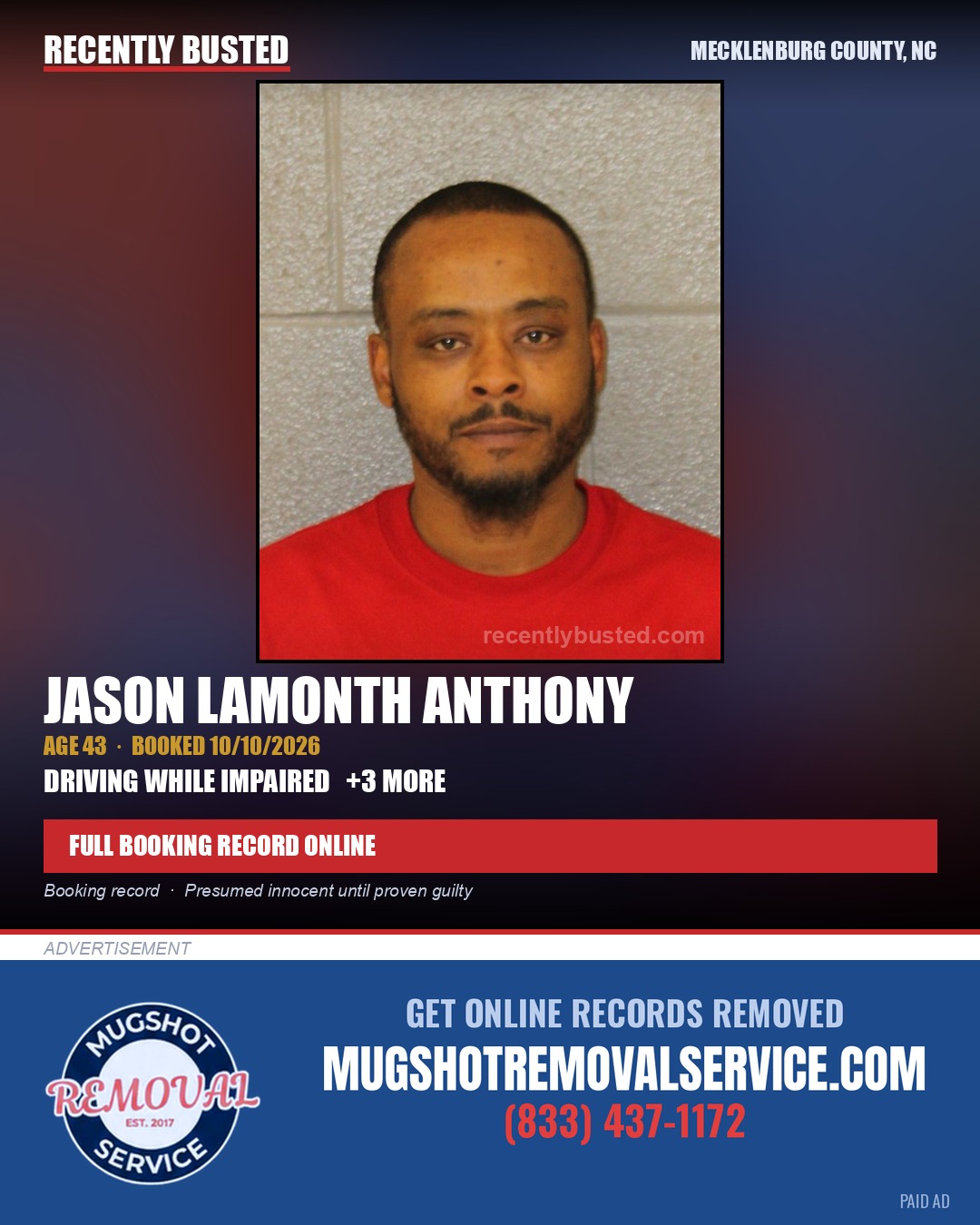 JASON LAMONTH ANTHONY — arrest record card, Mecklenburg County, North Carolina