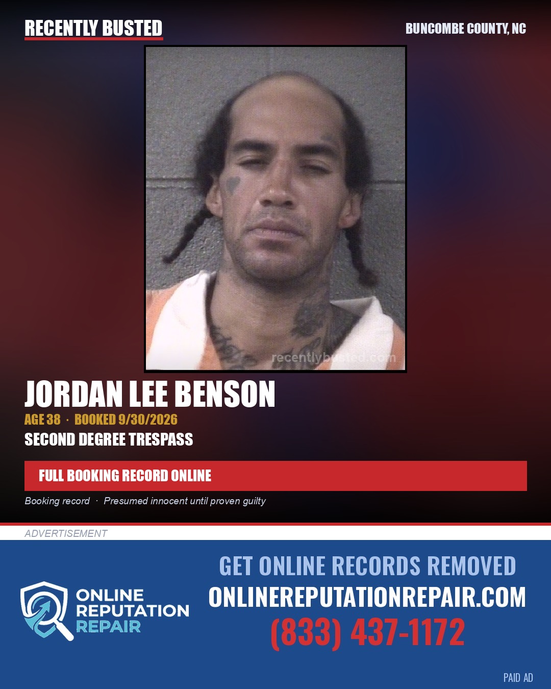 JORDAN LEE BENSON — arrest record card, Buncombe County, North Carolina