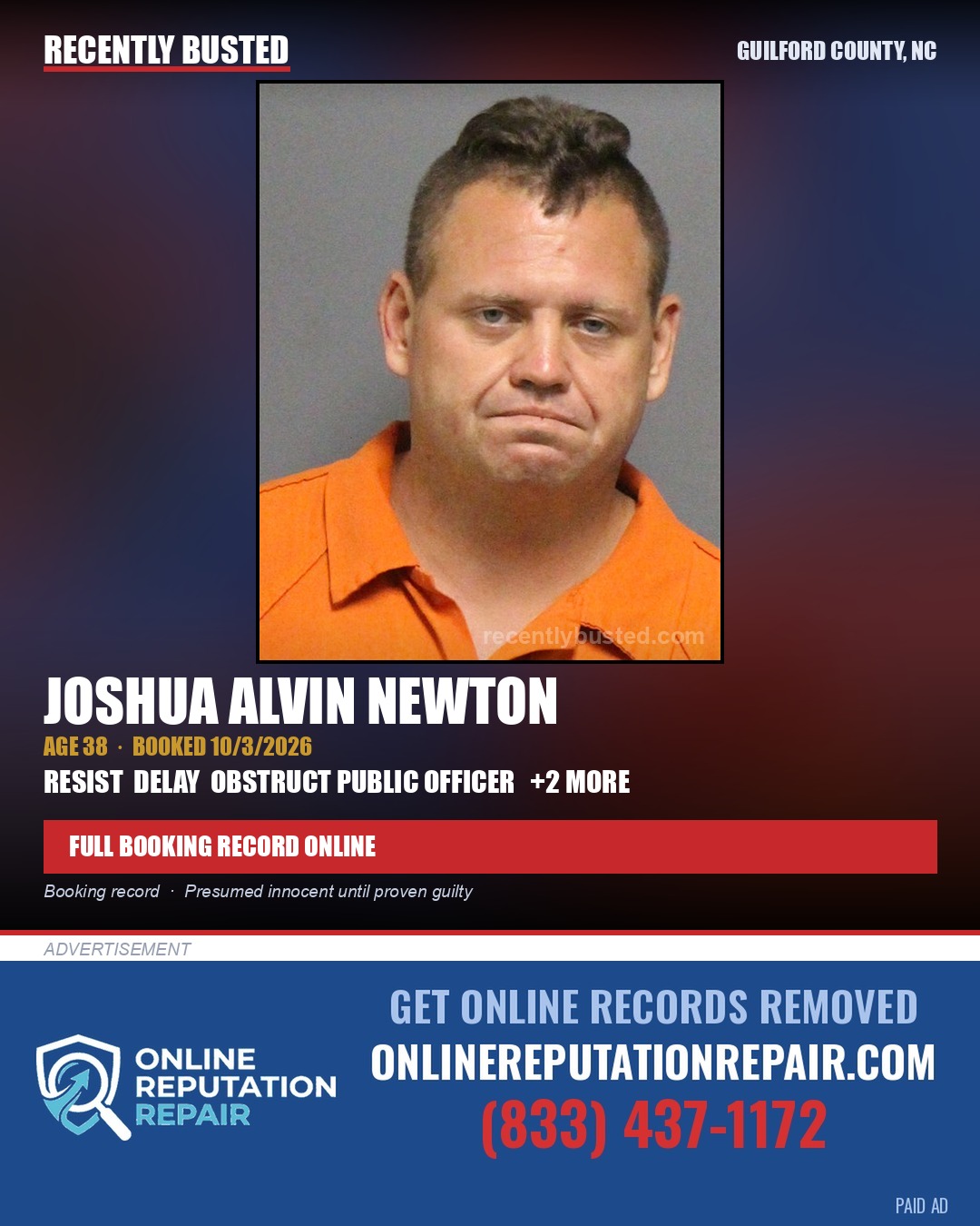 JOSHUA ALVIN NEWTON — arrest record card, Guilford County, North Carolina