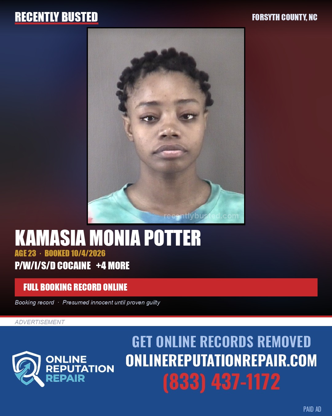 KAMASIA MONIA POTTER — arrest record card, Forsyth County, North Carolina