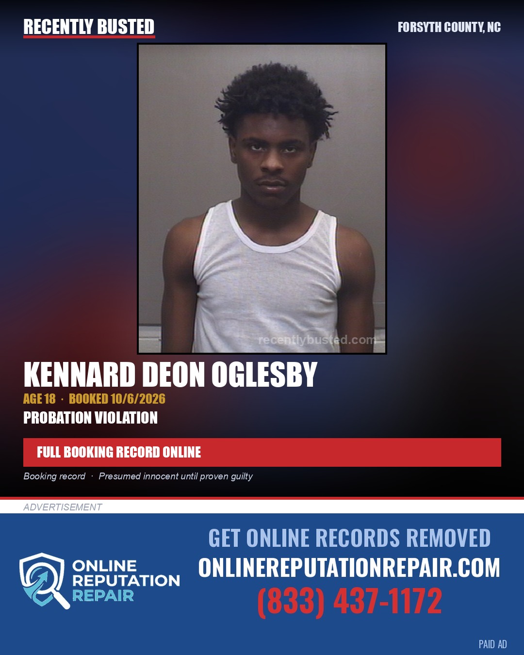 KENNARD DEON OGLESBY — arrest record card, Forsyth County, North Carolina