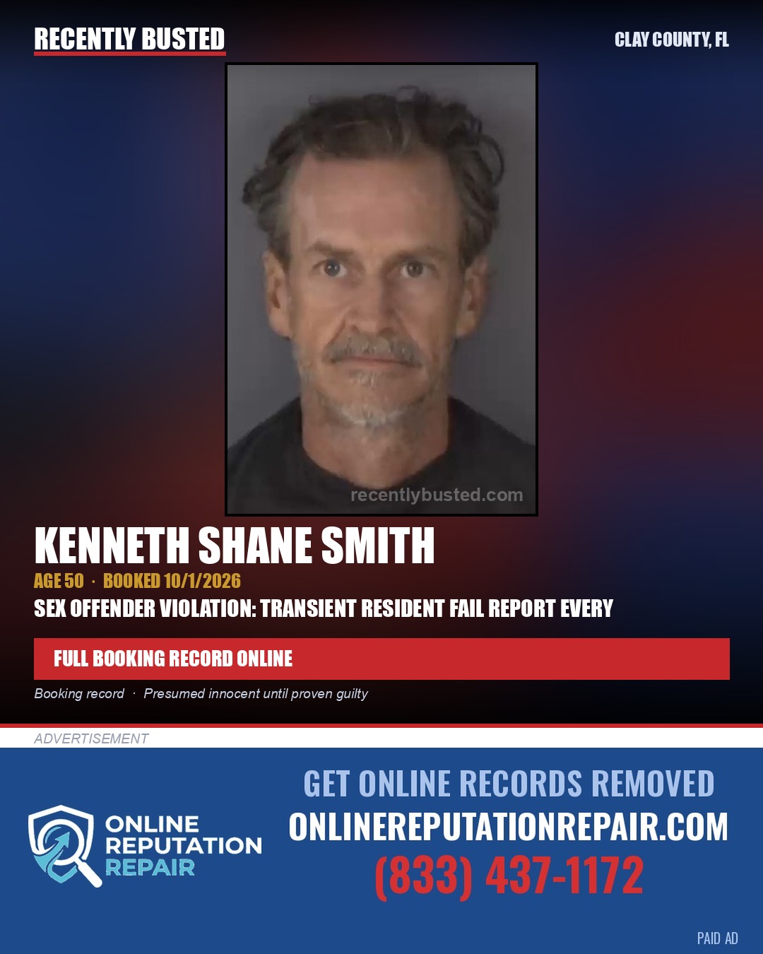 KENNETH SHANE SMITH — arrest record card, Clay County, Florida