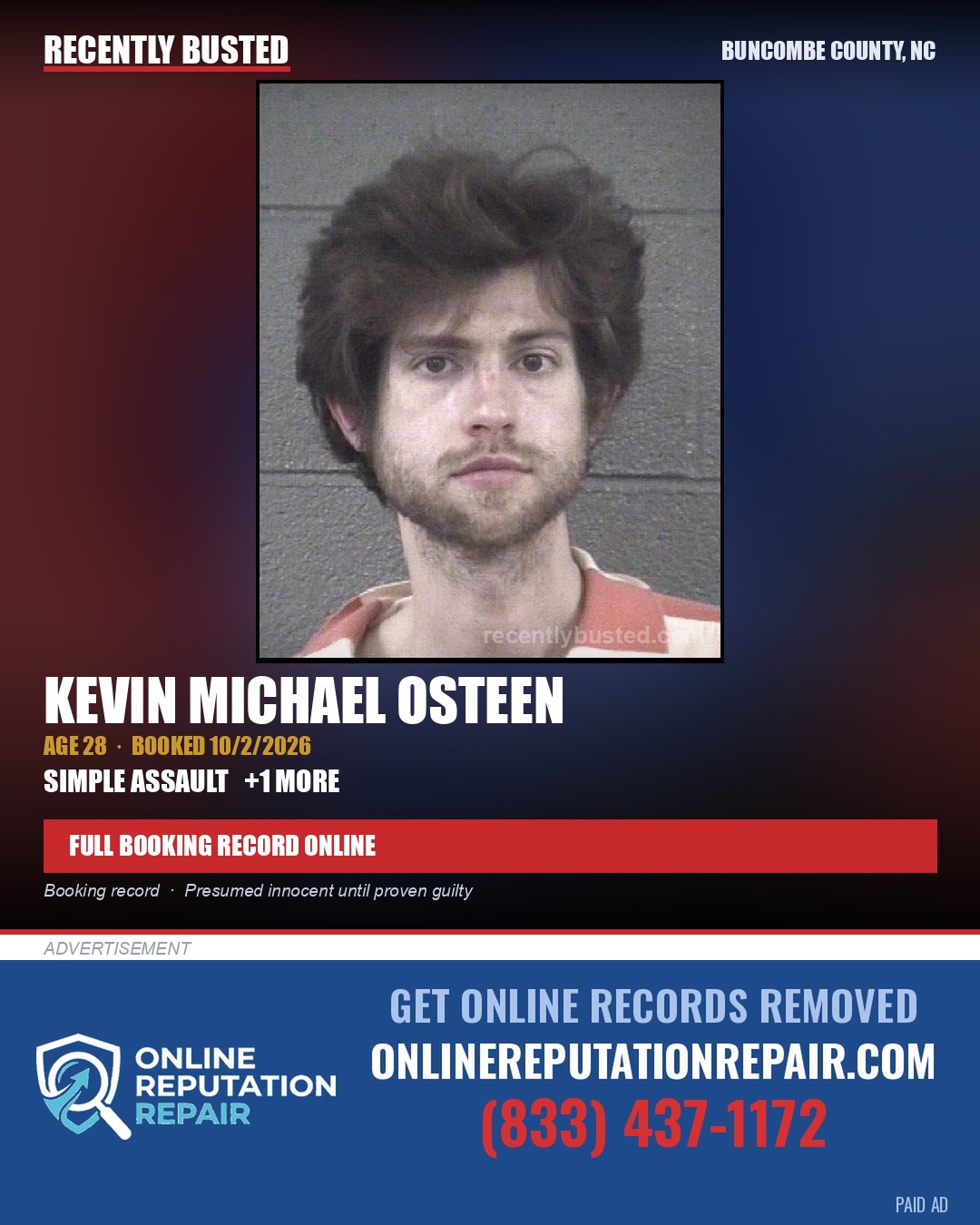 KEVIN MICHAEL OSTEEN — arrest record card, Buncombe County, North Carolina