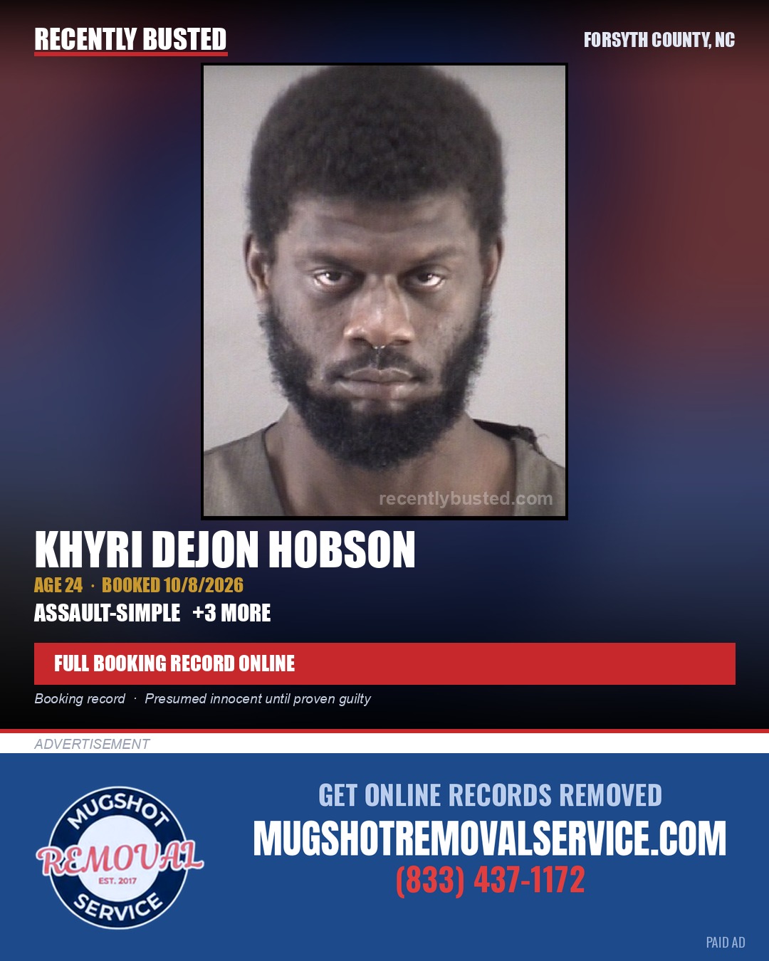 KHYRI DEJON HOBSON — arrest record card, Forsyth County, North Carolina
