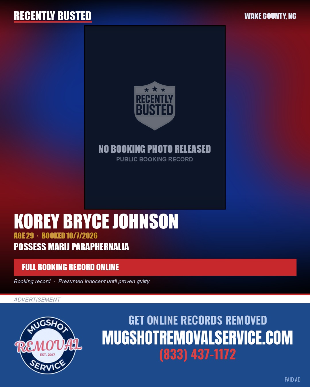 KOREY BRYCE JOHNSON — arrest record card, Wake County, North Carolina