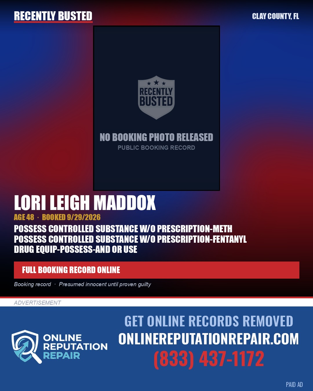 LORI LEIGH MADDOX — arrest record card, Clay County, Florida