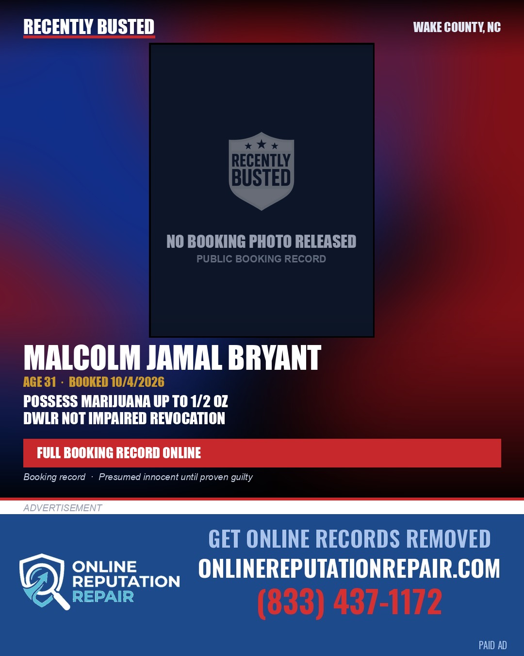 MALCOLM JAMAL BRYANT — arrest record card, Wake County, North Carolina