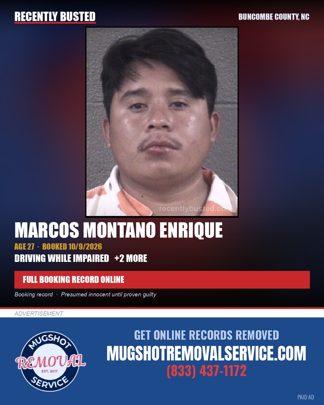MARCOS MONTANO ENRIQUE — arrest record card, Buncombe County, North Carolina