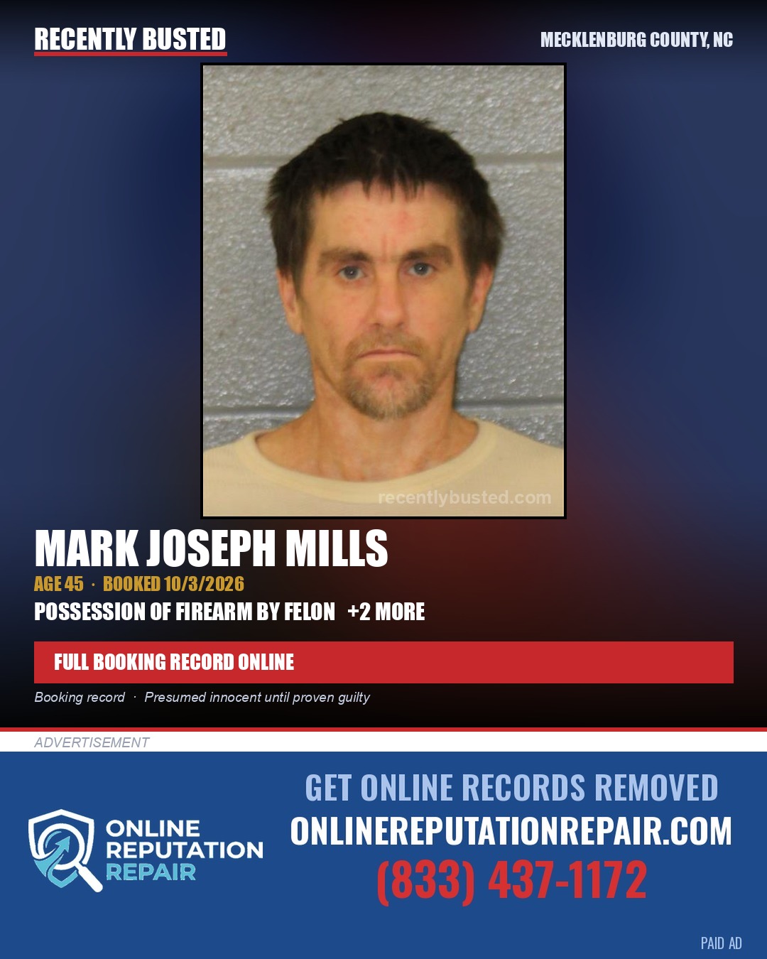 MARK JOSEPH MILLS — arrest record card, Mecklenburg County, North Carolina