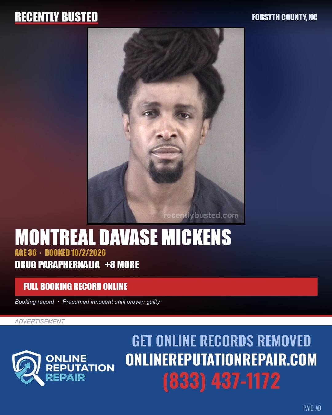 MONTREAL DAVASE MICKENS — arrest record card, Forsyth County, North Carolina
