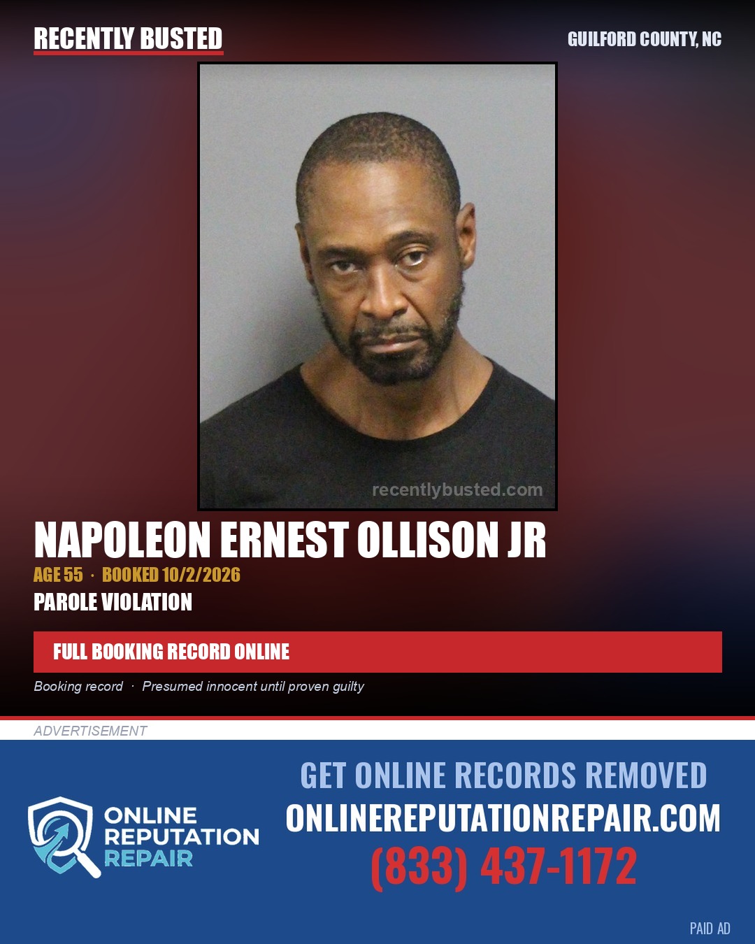 NAPOLEON ERNEST OLLISON JR — arrest record card, Guilford County, North Carolina