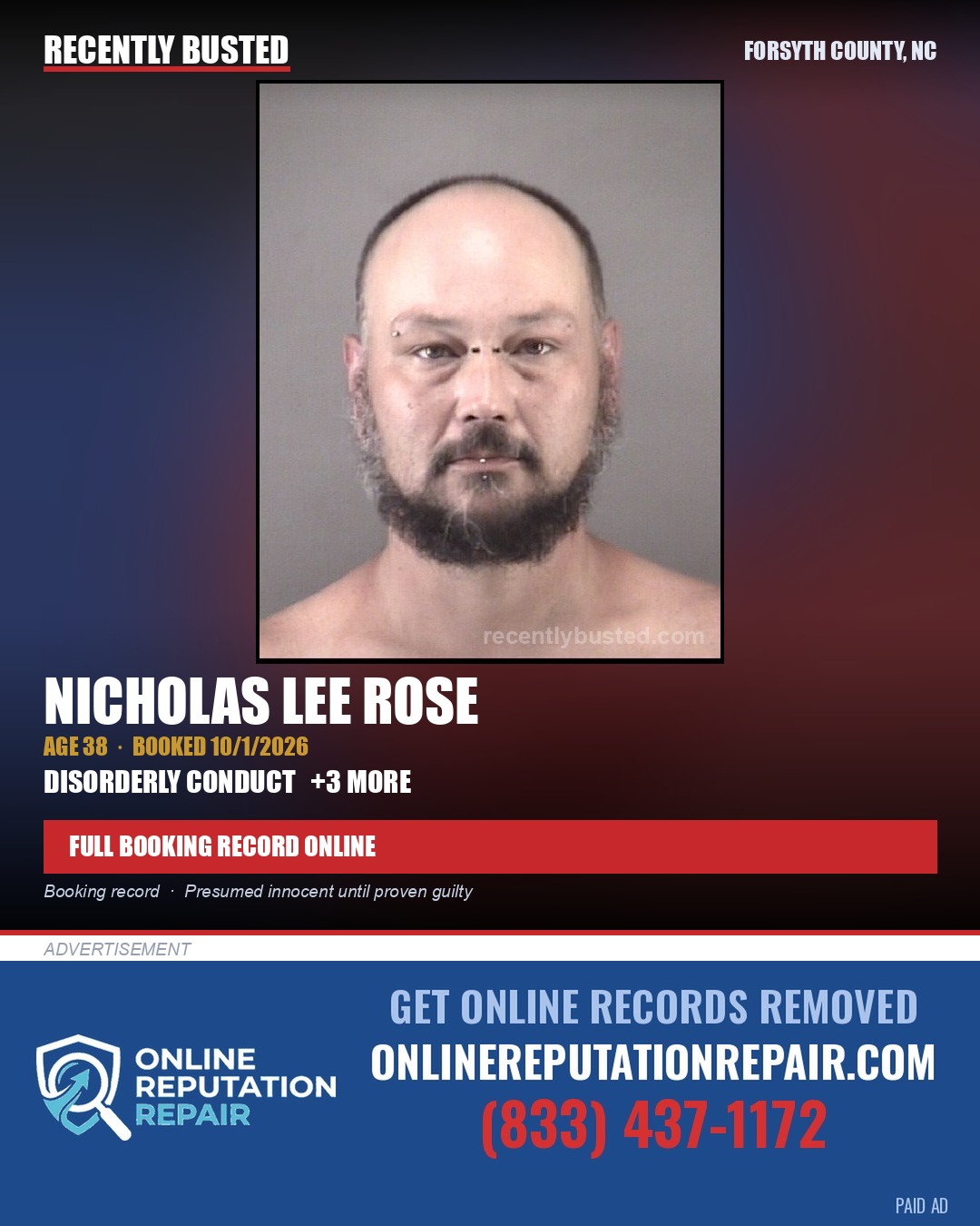NICHOLAS LEE ROSE — arrest record card, Forsyth County, North Carolina