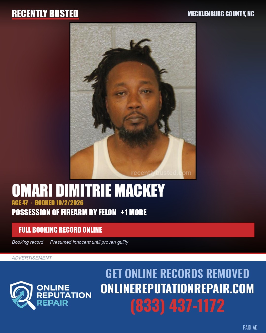 OMARI DIMITRIE MACKEY — arrest record card, Mecklenburg County, North Carolina