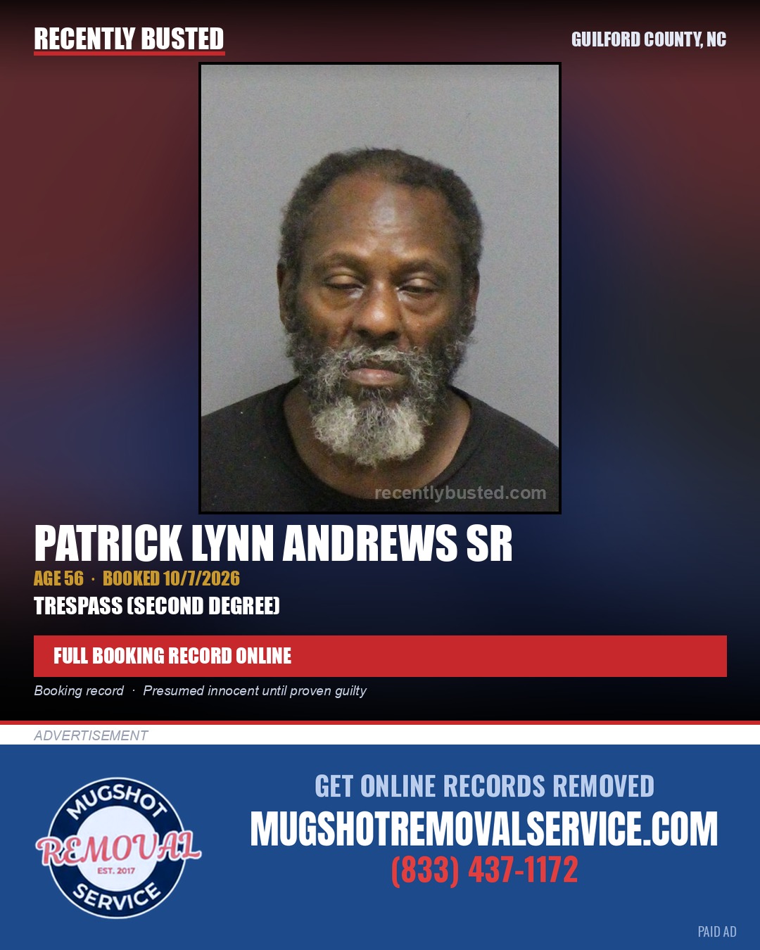 PATRICK LYNN ANDREWS SR — arrest record card, Guilford County, North Carolina