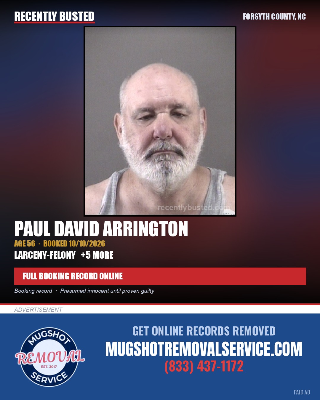 PAUL DAVID ARRINGTON — arrest record card, Forsyth County, North Carolina