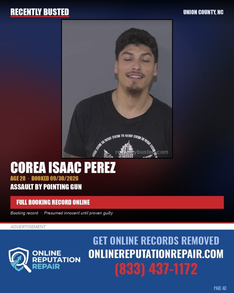 PEREZ, COREA ISAAC — arrest record card, Union County, North Carolina