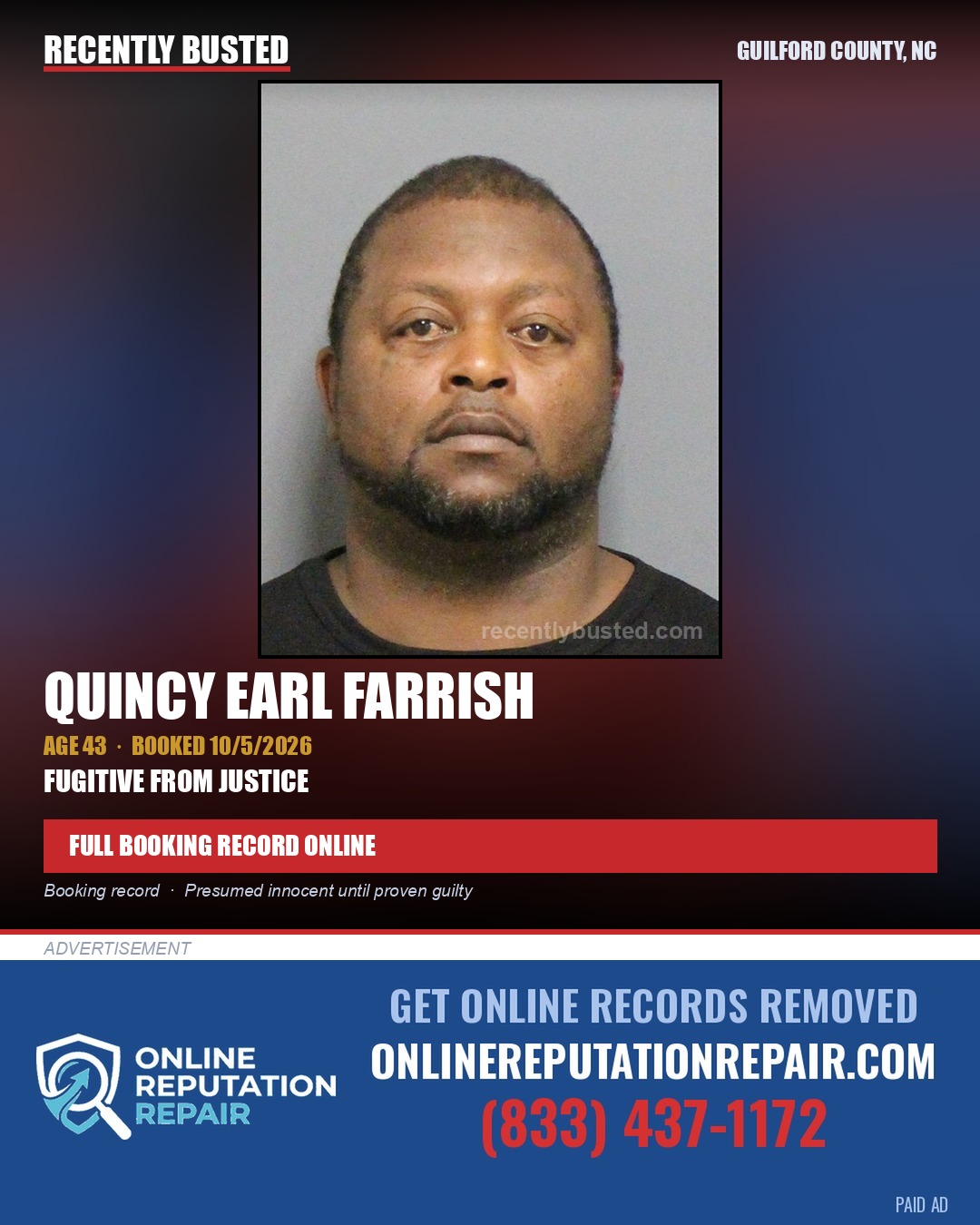 QUINCY EARL FARRISH — arrest record card, Guilford County, North Carolina