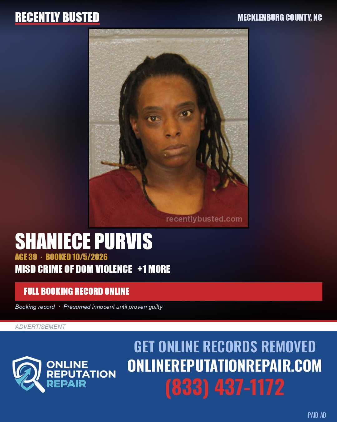 SHANIECE PURVIS — arrest record card, Mecklenburg County, North Carolina