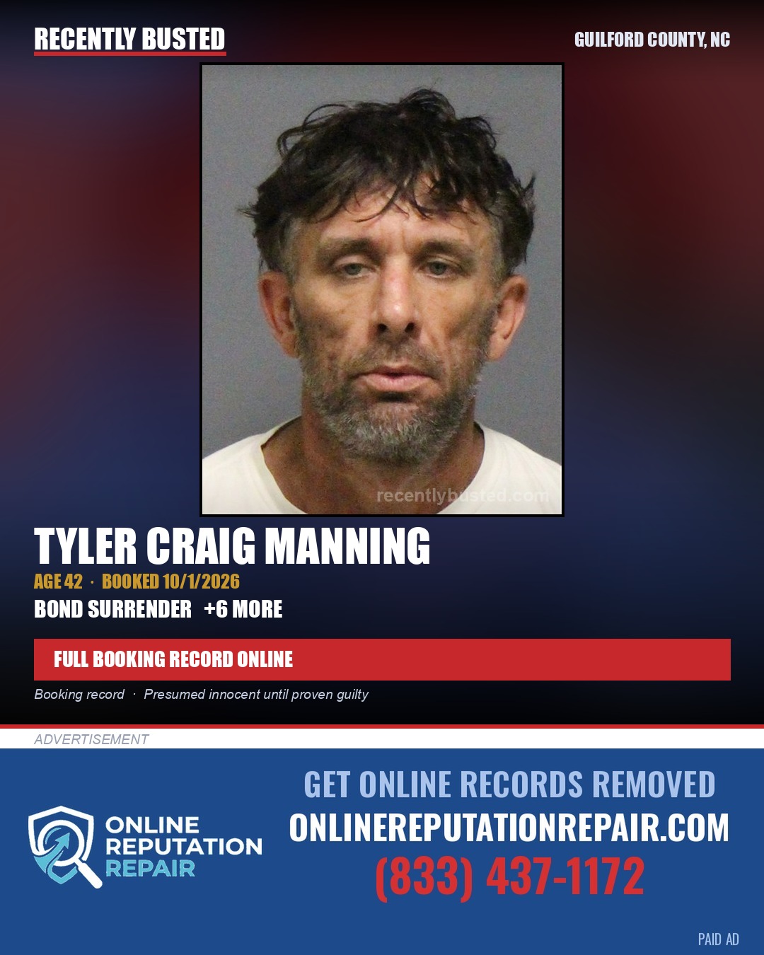 TYLER CRAIG MANNING — arrest record card, Guilford County, North Carolina