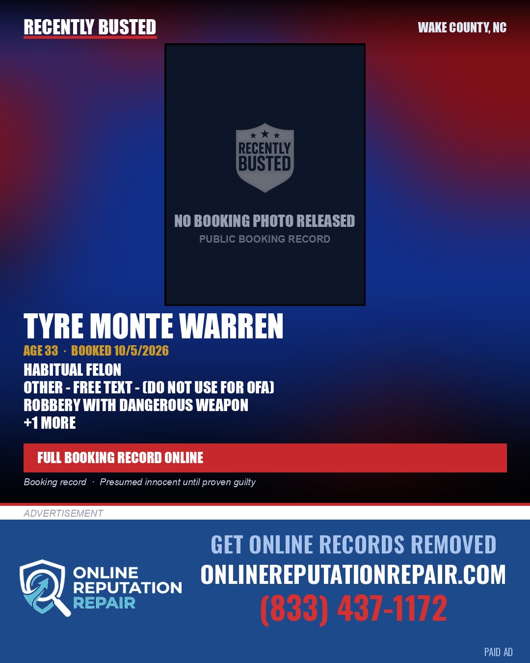 TYRE MONTE WARREN — arrest record card, Wake County, North Carolina