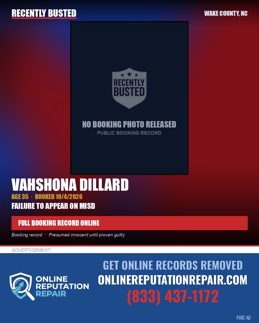 VAHSHONA DILLARD — arrest record card, Wake County, North Carolina