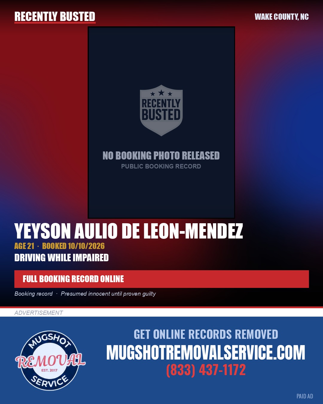 YEYSON AULIO DE LEON-MENDEZ — arrest record card, Wake County, North Carolina