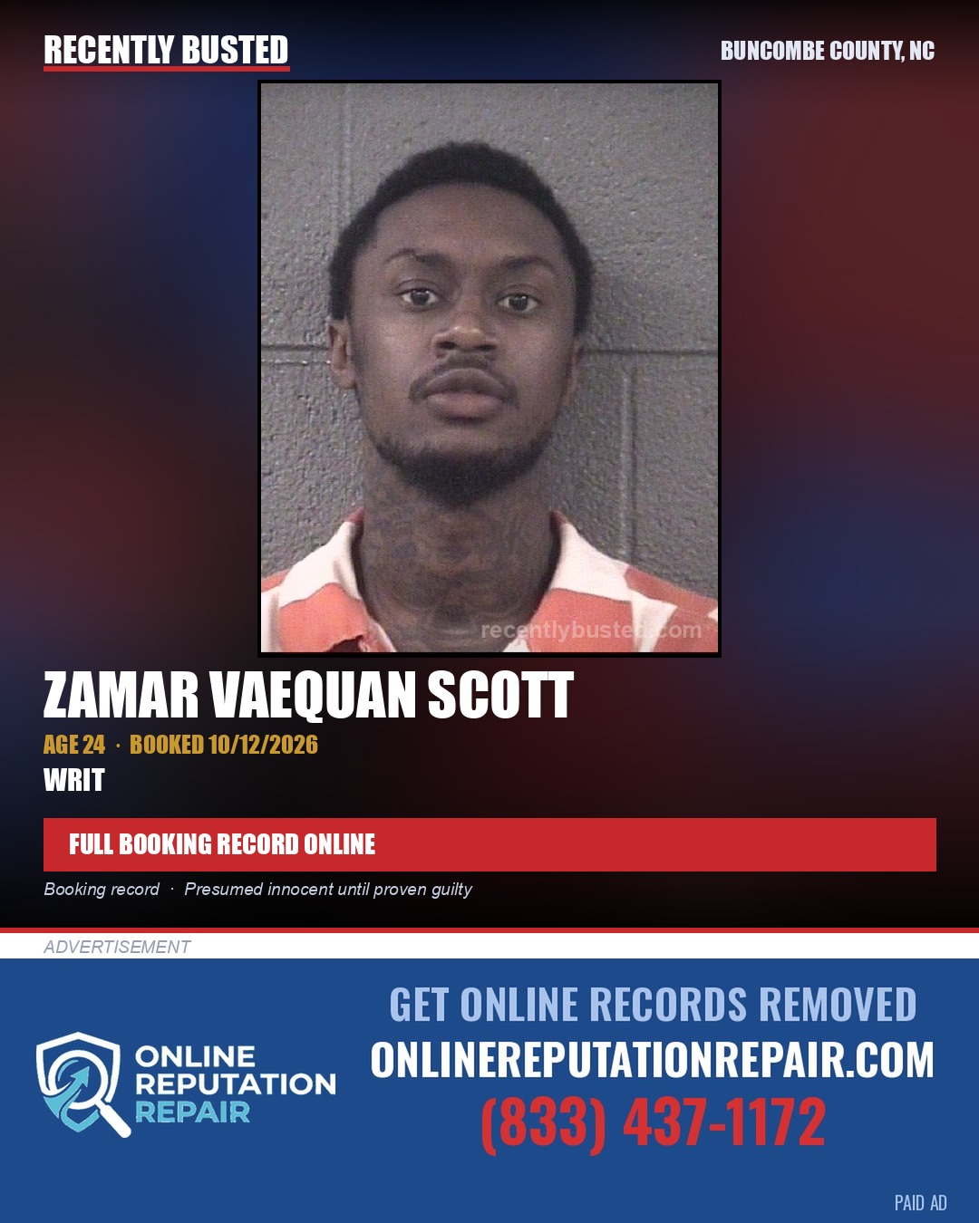 ZAMAR VAEQUAN SCOTT — arrest record card, Buncombe County, North Carolina