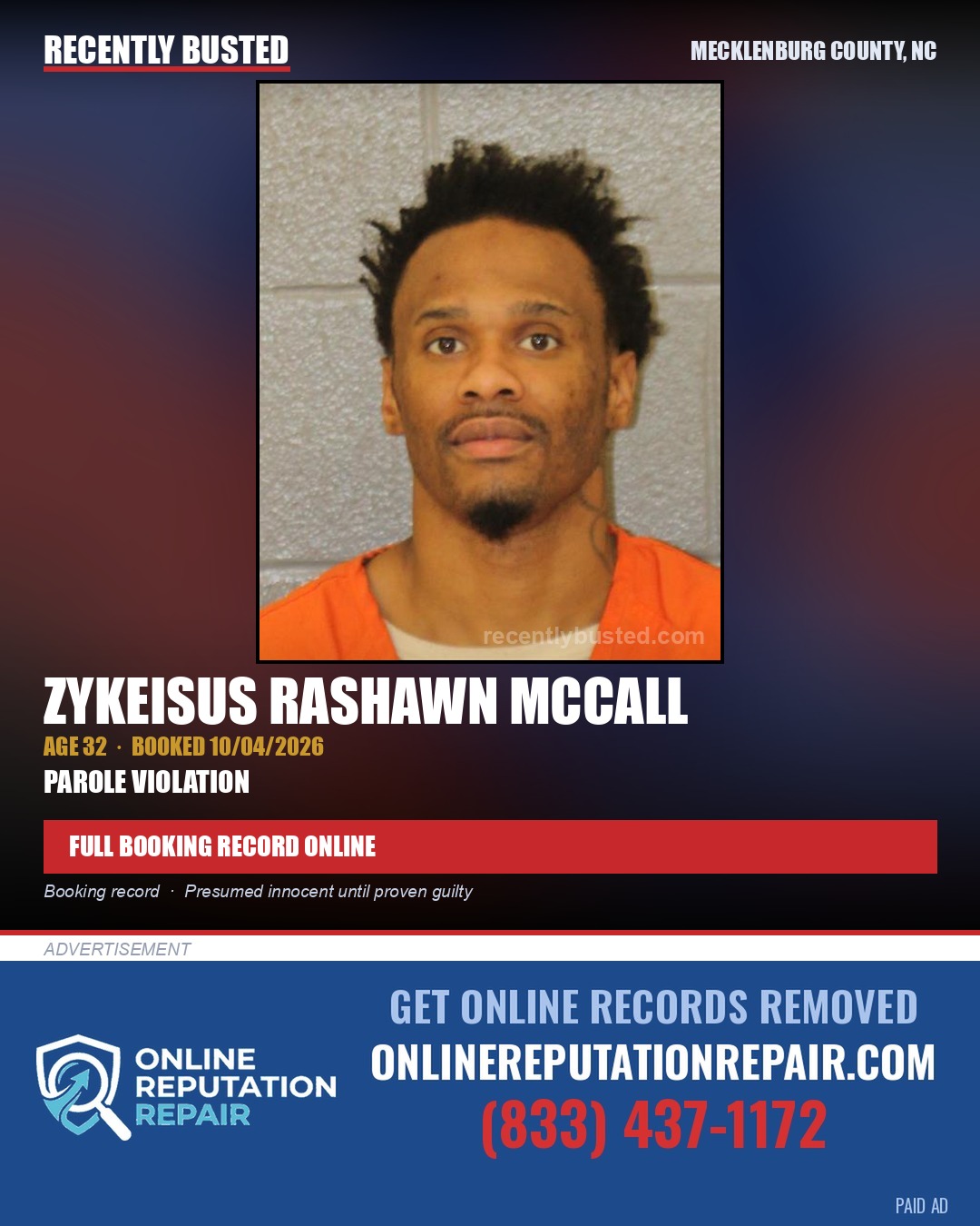 ZYKEISUS RASHAWN MCCALL — arrest record card, Mecklenburg County, North Carolina