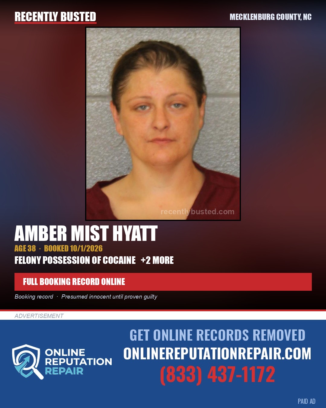 AMBER MIST HYATT — arrest record card, Mecklenburg County, North Carolina
