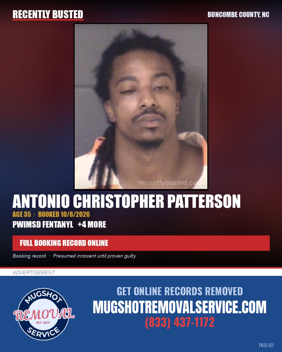 ANTONIO CHRISTOPHER PATTERSON — arrest record card, Buncombe County, North Carolina