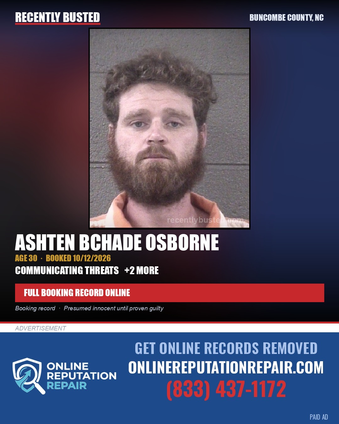 ASHTEN BCHADE OSBORNE — arrest record card, Buncombe County, North Carolina