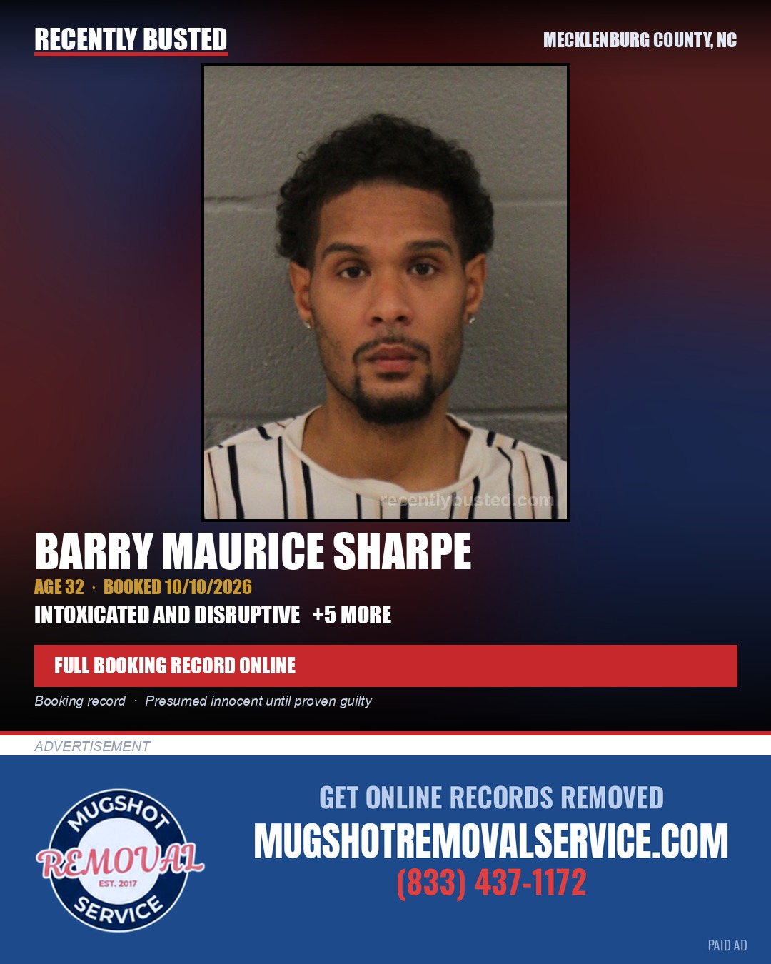 BARRY MAURICE SHARPE — arrest record card, Mecklenburg County, North Carolina