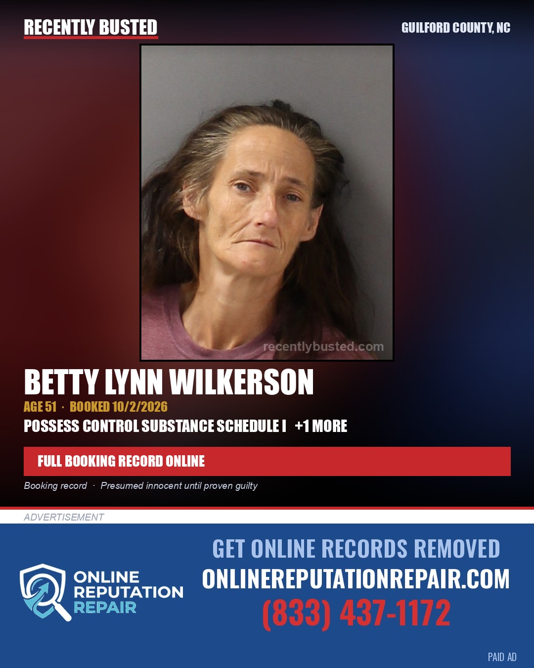 BETTY LYNN WILKERSON — arrest record card, Guilford County, North Carolina