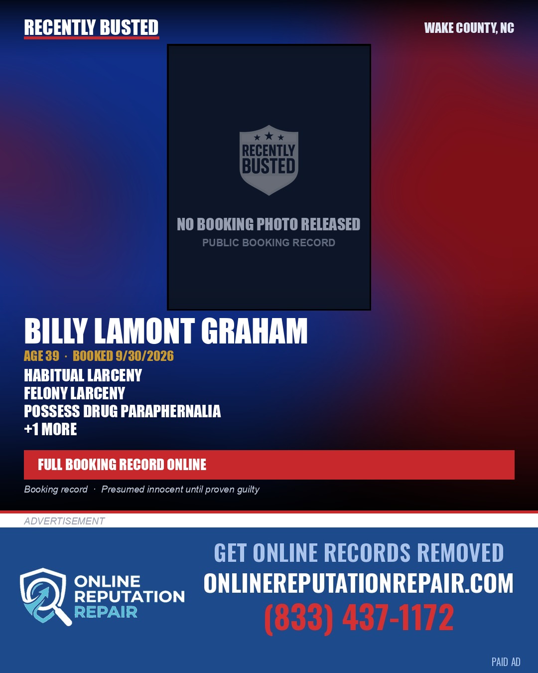 BILLY LAMONT GRAHAM — arrest record card, Wake County, North Carolina