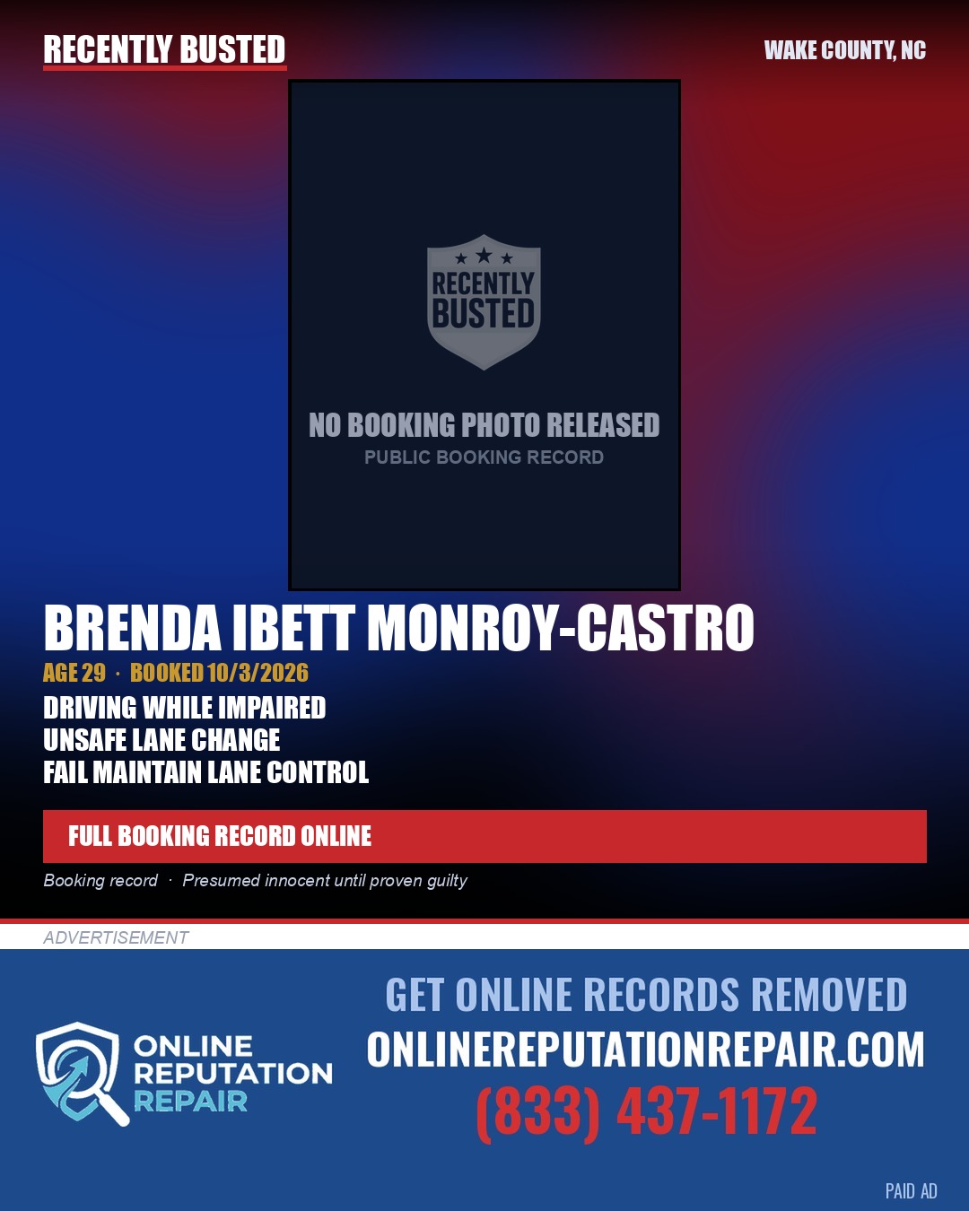 BRENDA IBETT MONROY-CASTRO — arrest record card, Wake County, North Carolina
