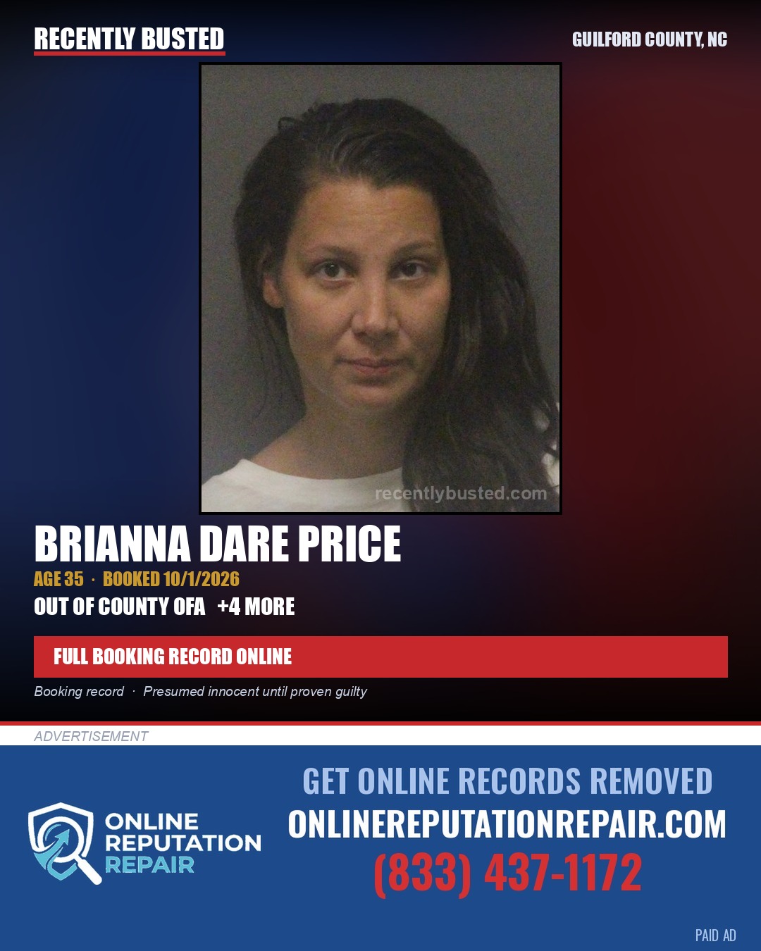 BRIANNA DARE PRICE — arrest record card, Guilford County, North Carolina