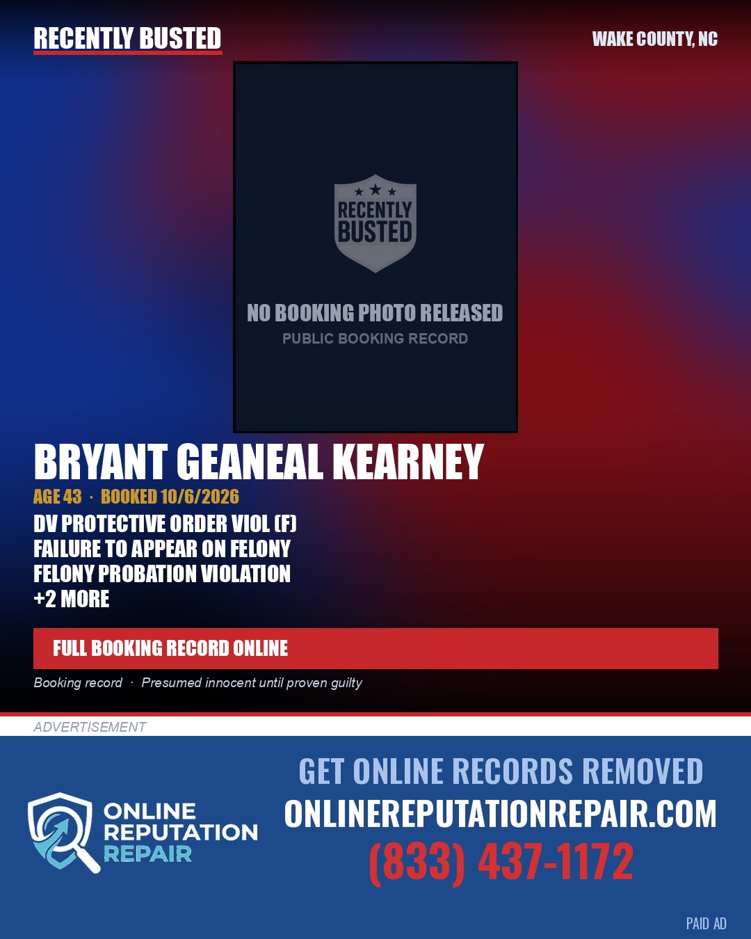 BRYANT GEANEAL KEARNEY — arrest record card, Wake County, North Carolina